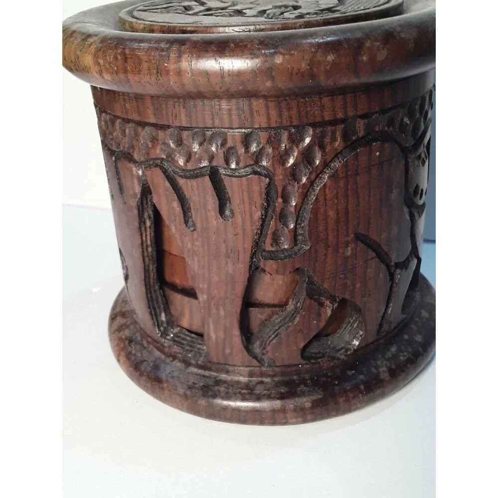 Drink Coaster Set,Wood Carved Set with Holder. African Animal Theme 7 Piece